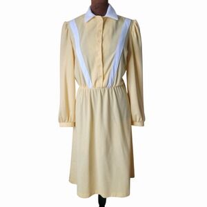 Vintage 70s Yellow Academia‎ Secretary Dress White Trim Union Made USA 12 P